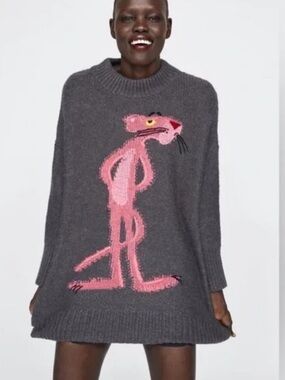 Charcoal Gray Pink Panther Zara  limited edition Knit Sweater Dress small